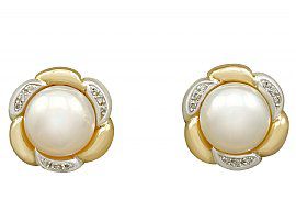 Mabe Pearl and 0.18ct Diamond, 18ct Yellow Gold Earrings - Vintage Circa 1980