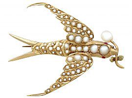 Seed Pearl and Ruby, 15ct Yellow Gold Bird Brooch - Antique Victorian