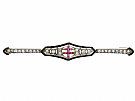 0.15ct Ruby and 0.96ct Diamond, Onyx and 18ct White Gold Bar Brooch - Antique Circa 1920