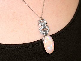 Art Deco Opal and Diamond Pendant on neck
