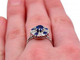 Sapphire and Diamond Cluster Ring Antique Finger Wearing