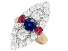 4.34ct Diamond and 1.26ct Sapphire, 0.85ct Ruby and 17ct Yellow Gold Marquise Ring - Antique Victorian