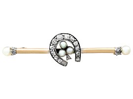 Seed Pearl and 0.52ct Diamond, 9ct Yellow Gold Horseshoe Bar Brooch - Antique Victorian