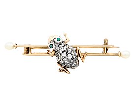 0.70ct Diamond and Seed Pearl, Imitation Gemstone and 9ct Yellow Gold 'Frog' Bar Brooch - Antique Victorian