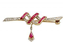 0.67ct Ruby and 0.27ct Diamond, 18ct Yellow Gold Bar Brooch - Antique Victorian