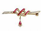 0.67ct Ruby and 0.27ct Diamond, 18ct Yellow Gold Bar Brooch - Antique Victorian