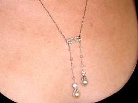 Antique Pearl Drop Necklace in Platinum Wearing 
