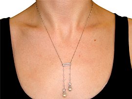 Antique Pearl Drop Necklace in Platinum Wearing Neck