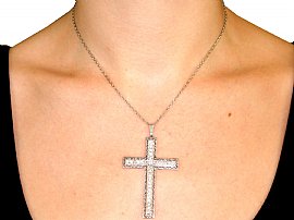Antique Diamond Cross Pendant Wearing on Neck