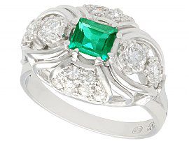 0.55ct Emerald and 0.46ct Diamond, 14ct White Gold Dress Ring - Vintage Circa 1950