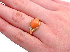Vintage Coral and Diamond Ring Wearing Hand