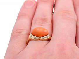 Vintage Coral and Diamond Ring Wearing Finger