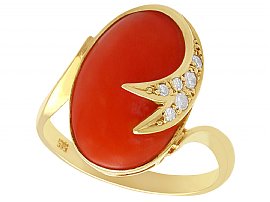 5.42ct Coral and 0.18ct Diamond, 14ct Yellow Gold Dress Ring - Vintage Circa 1980