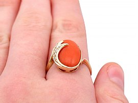 Vintage Coral Ring in Gold Wearing Finger