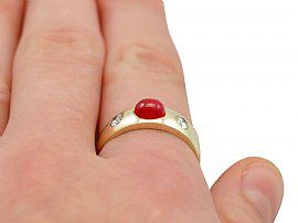 Vintage Ruby and Gold Ring Wearing Finger