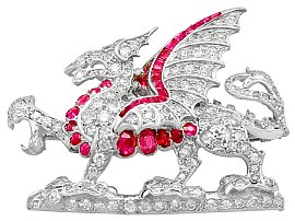 0.52ct Ruby and Emerald, 2.43ct Diamond and 14ct Yellow Gold Dragon Brooch - Antique Circa 1920