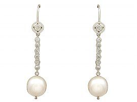 Cultured Pearl and 0.64ct Diamond, Platinum Drop Earrings - Vintage Circa 1950