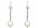 Cultured Pearl and 0.64ct Diamond, Platinum Drop Earrings - Vintage Circa 1950