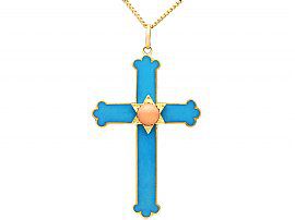 0.38 ct Coral and Enamel, 14ct Yellow Gold Cross Pendant - Antique Circa 1880
