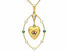 0.51 ct Diamond, 0.10 ct Emerald, Seed Pearl and 18 ct Yellow Gold Heart Pendant - Antique Victorian Circa 1880