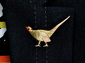 Victorian Pheasant Brooch in Gold Wearing