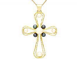 Pearl and 18 ct Yellow Gold Cross Pendant - Vintage Circa 1970