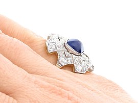 Sapphire Art Deco Ring side on wearing image