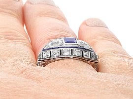 Wearing Art Deco Platinum Sapphire and Diamond Ring