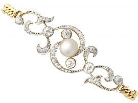 Natural Saltwater Pearl, 2.72 ct Diamond and 15 ct Yellow Gold Bracelet - Antique Circa 1900