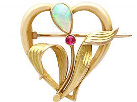0.30ct Opal and Ruby, 15ct Yellow Gold Brooch -  Art Nouveau - Antique Circa 1910