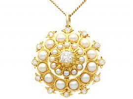 Seed Pearl and 1.16ct Diamond, 15ct Yellow Gold Pendant / Brooch - Antique Circa 1900