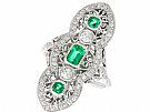 1.41ct Diamond and 0.60ct Emerald, 14ct White Gold Marquise Ring - Antique Circa 1920