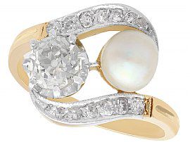 1.07 ct Diamond and Natural Saltwater Pearl, 18 ct Yellow Gold Twist Ring - Antique Circa 1910