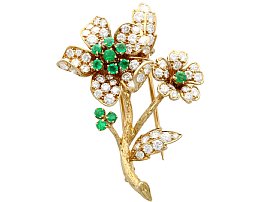 2.90 ct Diamond and 0.40 ct Emerald, 18ct Yellow Gold Brooch - Vintage French Circa 1980
