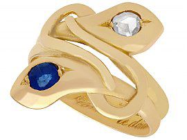 0.29 ct Sapphire and 0.24 ct Diamond, 18 ct Yellow Gold Snake Ring - Antique Circa 1907