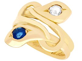 0.29 ct Sapphire and 0.24 ct Diamond, 18 ct Yellow Gold Snake Ring - Antique Circa 1907
