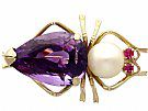 12.39 ct Amethyst, Pearl and Ruby, 14 ct Yellow Gold Insect Brooch - Vintage Circa 1960