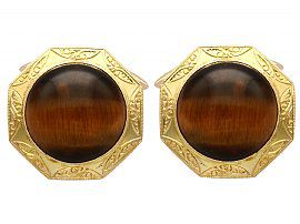 15.46ct Tigers Eye and 14ct Yellow Gold Cufflinks - Vintage Circa 1940