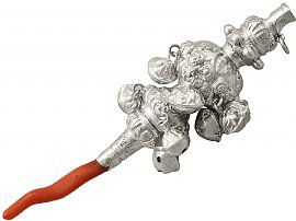 Sterling Silver and Coral Combination Whistle and Rattle - Antique Victorian (1855)