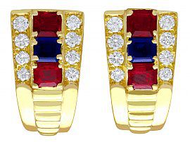 1.38ct Ruby and 0.65ct Sapphire, 0.64ct Diamond and 18ct Yellow Gold Earrings - Vintage Circa 1990