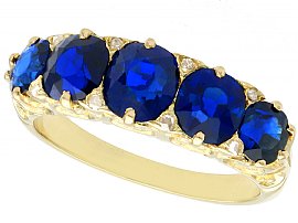3.15 ct Basaltic Sapphire and Diamond, 15 ct Yellow Gold Five Stone Ring - Antique Circa 1910