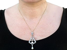 Wearing Large Antique Diamond and Pearl Pendant