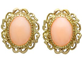 5.75ct Pink Coral and 18ct Yellow Gold Stud Earrings - Vintage Circa 1960