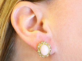 wearing Vintage Pink Coral Earrings Gold