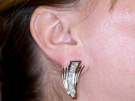 1940s Art Deco Diamond Earrings wearing