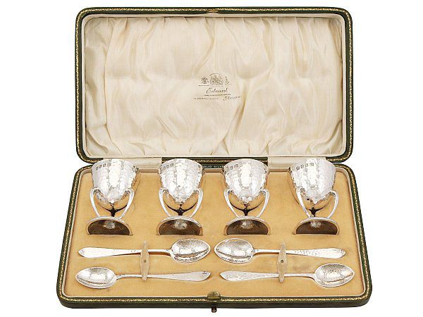 Antique Silver Egg Cups and Spoons Set 