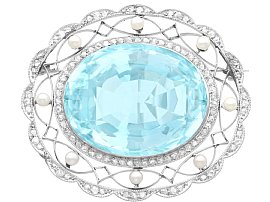 43.84 ct Aquamarine, 0.85 ct Diamond and Pearl, Platinum Brooch - Antique Circa 1910
