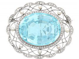 43.84 ct Aquamarine, 0.85 ct Diamond and Pearl, Platinum Brooch - Antique Circa 1910