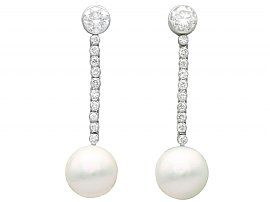 2.09 ct Diamond and Cultured Pearl, Platinum Drop Earrings - Vintage Circa 1980 