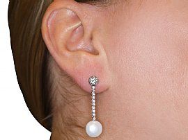 Vintage Pearl and Diamond Drop Earrings wearing image